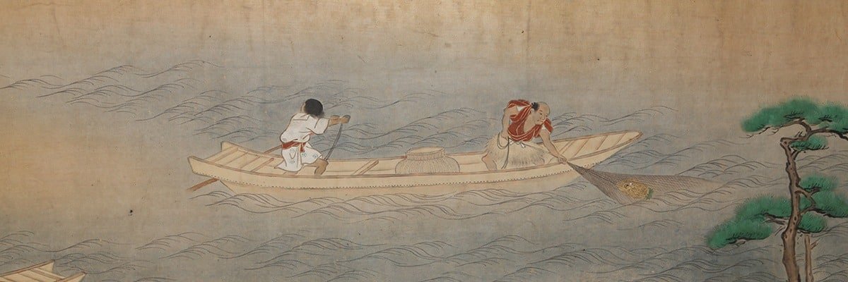 Rolo ilustrado histórico do Período Kambun, pescadores encontram estátua da deusa Kanon no Rio Sumida. 