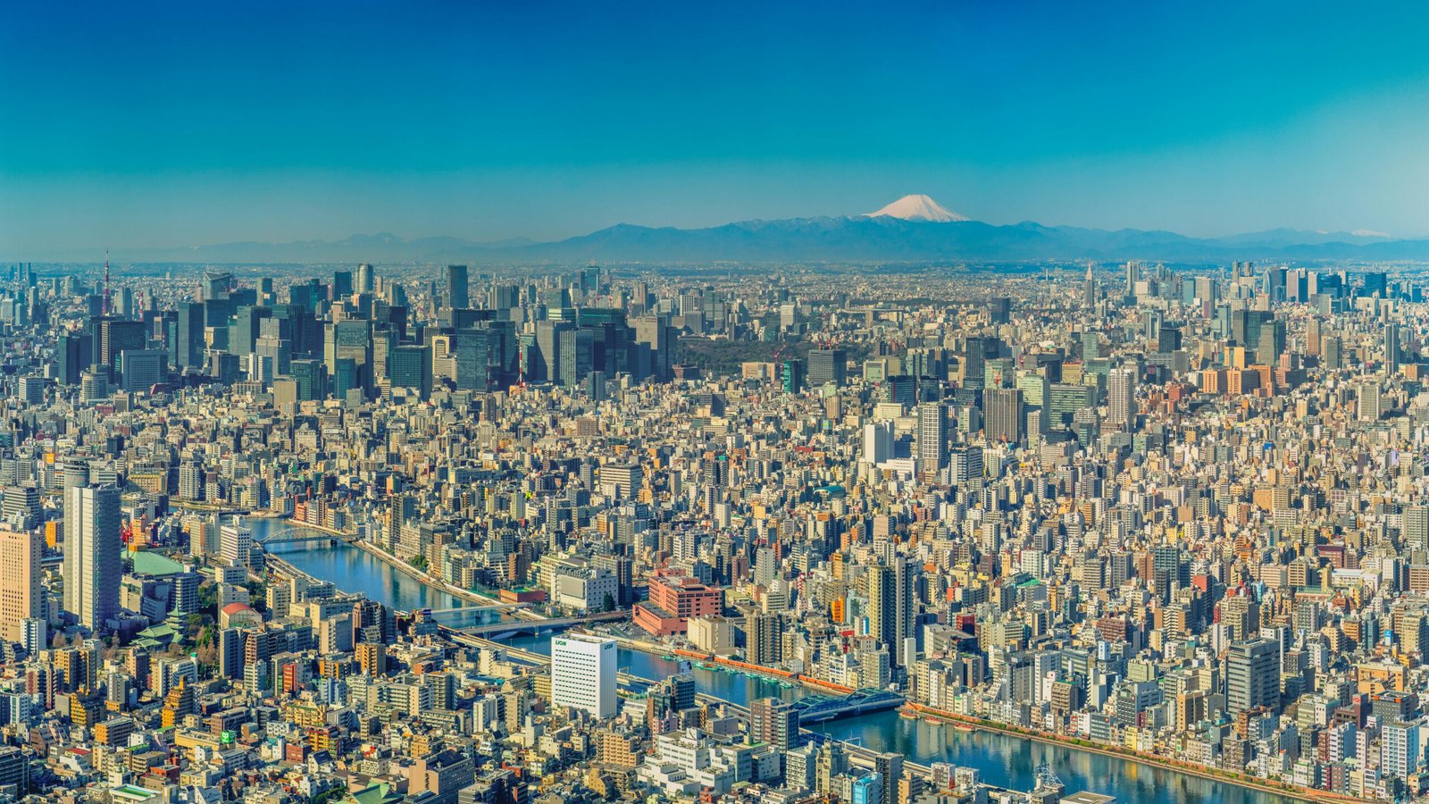 Vista da Tokyo Skytree, onde se pode ver o Monte Fuji, do Rio Sumida e de parte da cidade de Tóquio.
