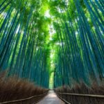 O caminho estreito do Floresta de Bambu de Arashiyama, cercado de bambus muito altos em ambos os lados.